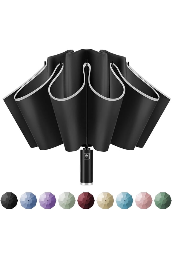 Inverted Windproof Travel Umbrella - Automatic Umbrellas for Rain, Compact Folding with Reflective Stripe, Portable Large for Backpack, Lightweight with Sun UV Protection