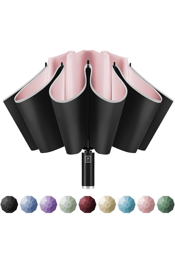 Inverted Windproof Travel Umbrella - Automatic Umbrellas for Rain, Compact Folding with Reflective Stripe, Portable Large for Backpack, Lightweight with Sun UV Protection