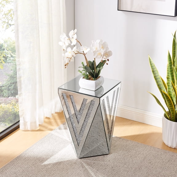 Inverted triangular mirror square table, crystal diamond inlaid coffee table, silver glass side table suitable for corridors, living rooms, corners, bedrooms, sofas