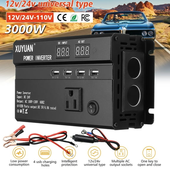 Inverter,DFITO 3000W Car Power Inverter Dc 12V/24V to 110V Ac Converter, with 1 Dual Ac Outlet and 4 USB Car Charger, for Camping/ Road Trips/ Outdoor Work