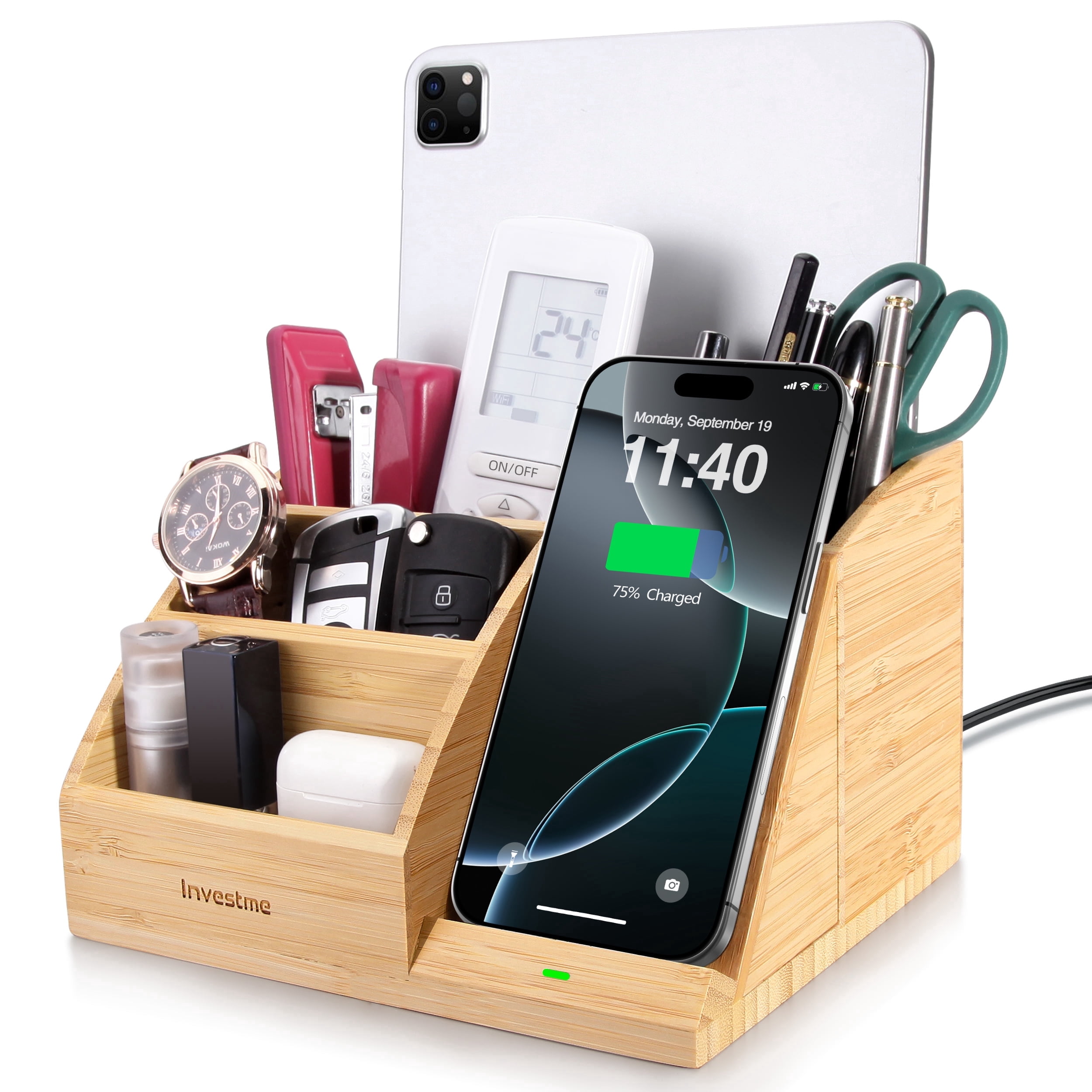 Investme Desk Organizer with Wireless Charging, Bamboo Pencil Holder with 15W Fast Wireless Charger Compatible with iPhone and Samsung for Desk & Nightstand