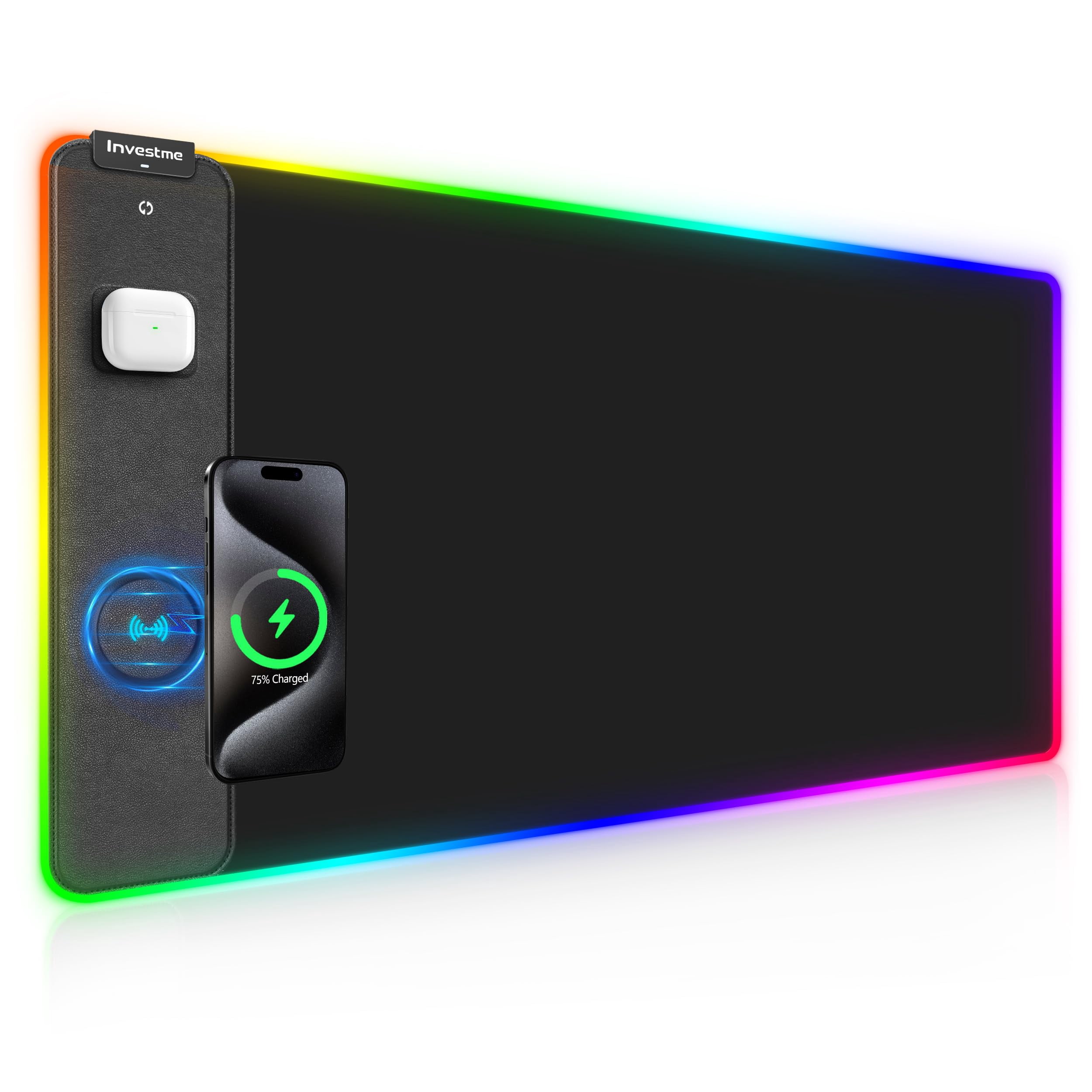 Investme RGB Wireless Charging Gaming Mouse Pad, 15W Fast Charging LED Mouse Mat with 15 Lights Modes, Smooth Surface, Waterproof with Non-Slip Base Large Mousepad