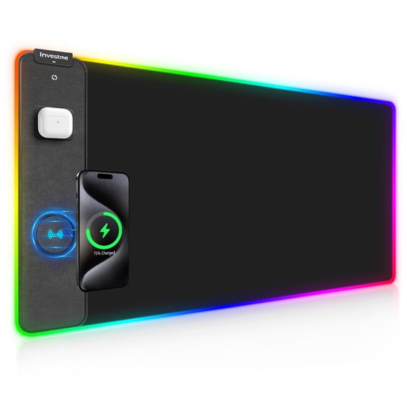 Investme RGB Wireless Charging Gaming Mouse Pad, 15W Fast Charging LED Mouse Mat with 15 Lights Modes, Smooth Surface, Waterproof with Non-Slip Base Large Mousepad