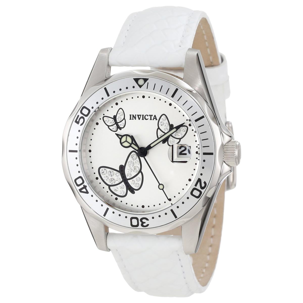 Invicta 12515 Women's Pro Diver Crystal Accented Butterflies Silver Dial White Leather Strap Dive Watch