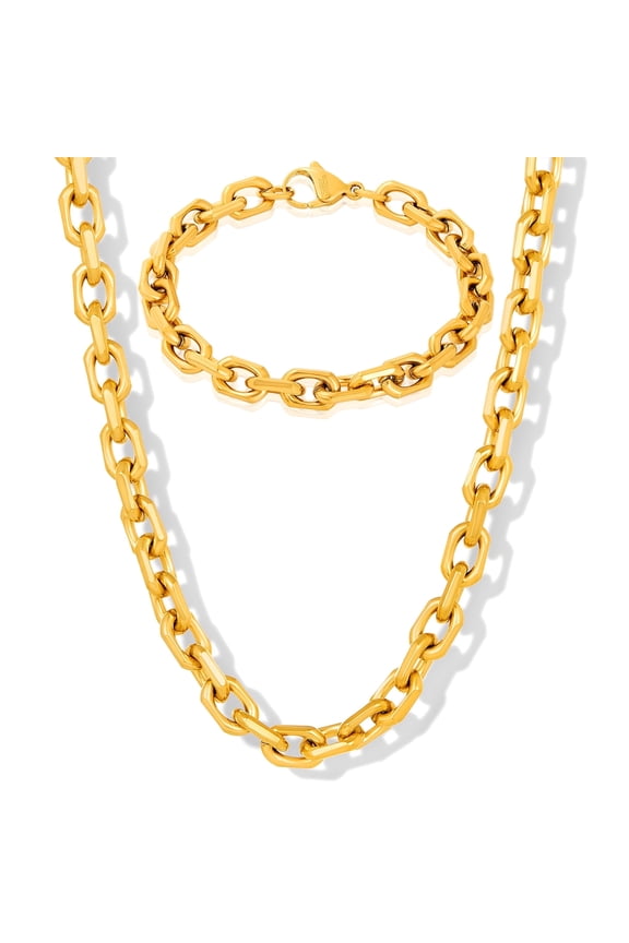 Invicta Jewelry Men's Beveled Edge Rectangular Link Gold Bracelet and Necklace Set