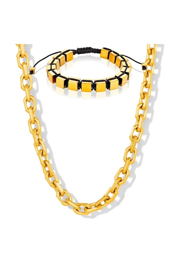 Invicta Jewelry Men's Gold Hematite Stone Bracelet and Chain Necklace Set