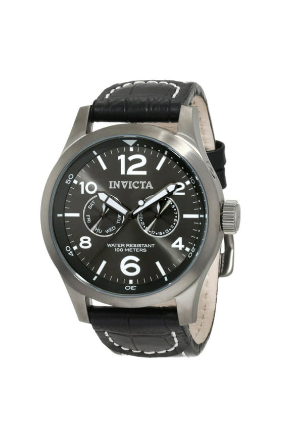 Men's 10492 Specialty Gunmetal Dial Gunmetal IP Steel Leather Strap Watch