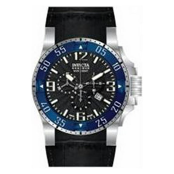 Invicta Men's 10910 Reserve Excursion Blue Bezel Black Textured Dial Chronograph Black Leather Strap Dive Watch
