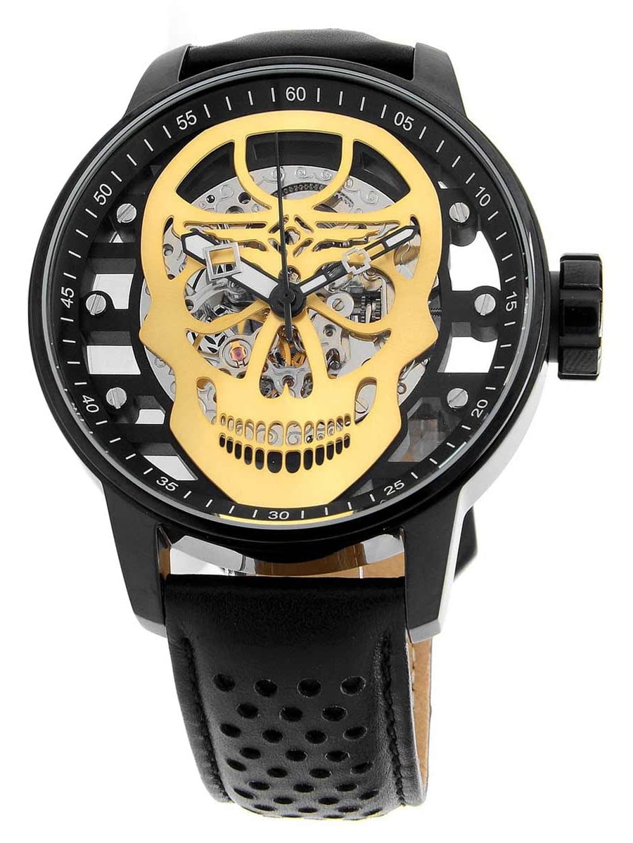 Invicta Men's 20196 S1 Rally Mechanical Black and Gold Tone Skeleton Dial Black Leather Strap Watch