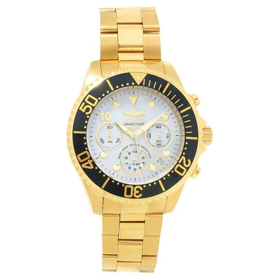 Invicta Men's 22040 Grand Diver MOP Dial Yellow Gold Plated Steel Bracelet Chronograph Dive Watch