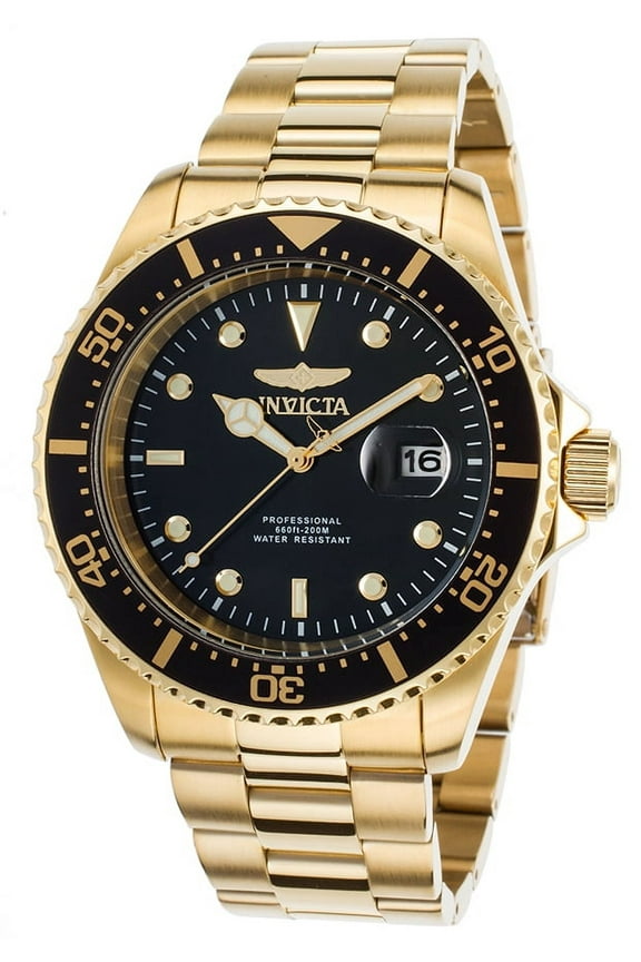 Men's 22062 Pro Diver Black Dial Yellow Gold Plated Steel Bracelet Quartz Dive Watch