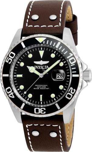 Invicta Men's 22069 Pro Diver Quartz 3 Hand Black Dial Brown Leather SS Watch