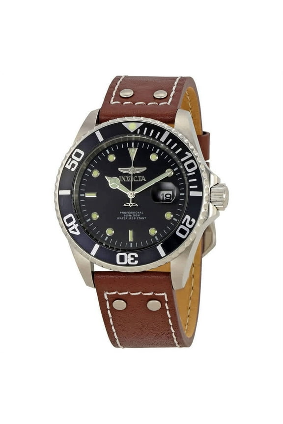 Men's 22069 Pro Diver Quartz 3 Hand Black Dial Brown Leather SS Watch