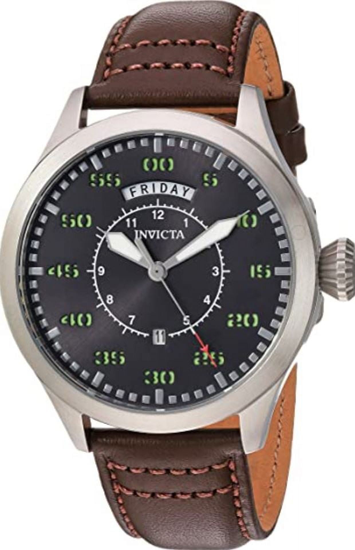 Invicta Men's 22973 Aviator Brown Genuine Leather Charcoal Dial Stainless Steel Watch