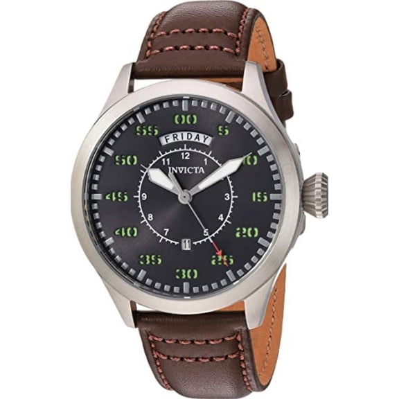 Invicta Men's 22973 Aviator Brown Genuine Leather Charcoal Dial Stainless Steel Watch