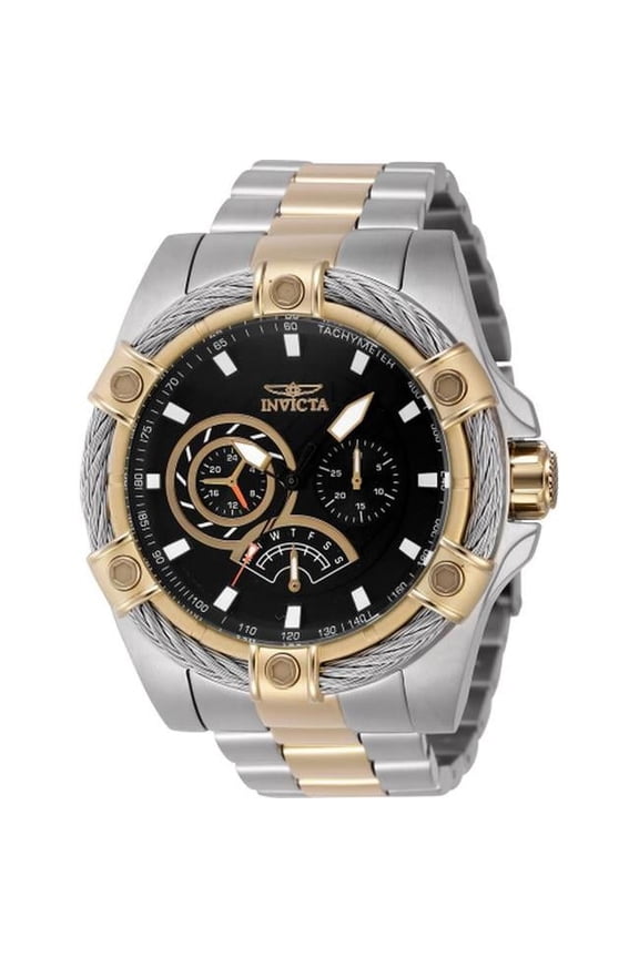 Men's Bolt Black Dial Chronograph 52mm Two Tone Silver Gold Stainless Steel Watch