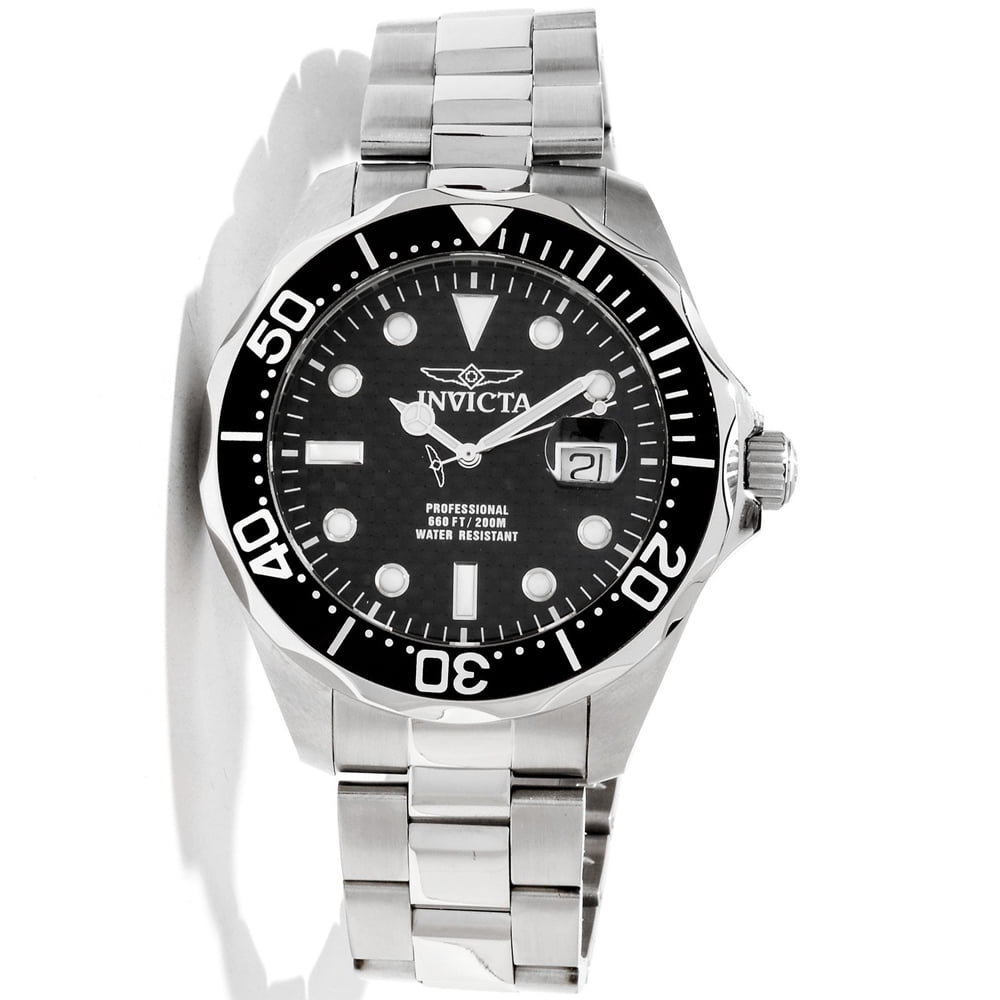 Invicta Men's Grand Diver Black Carbon Fiber Dial Black Bezel Stainless Steel Bracelet Dive Watch 12562