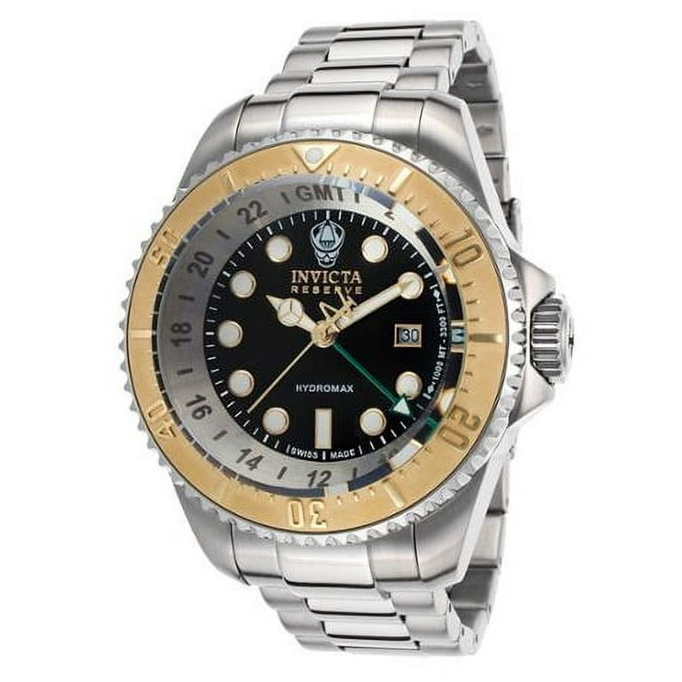 Invicta Men s Reserve Hydromax GMT Stainless Steel Black Dial Gold Tone Accents