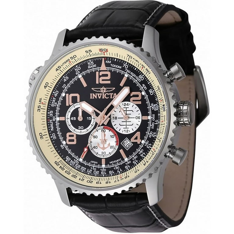 Invicta Ocean Voyage Chronograph Leather Strap Black Dial Quartz