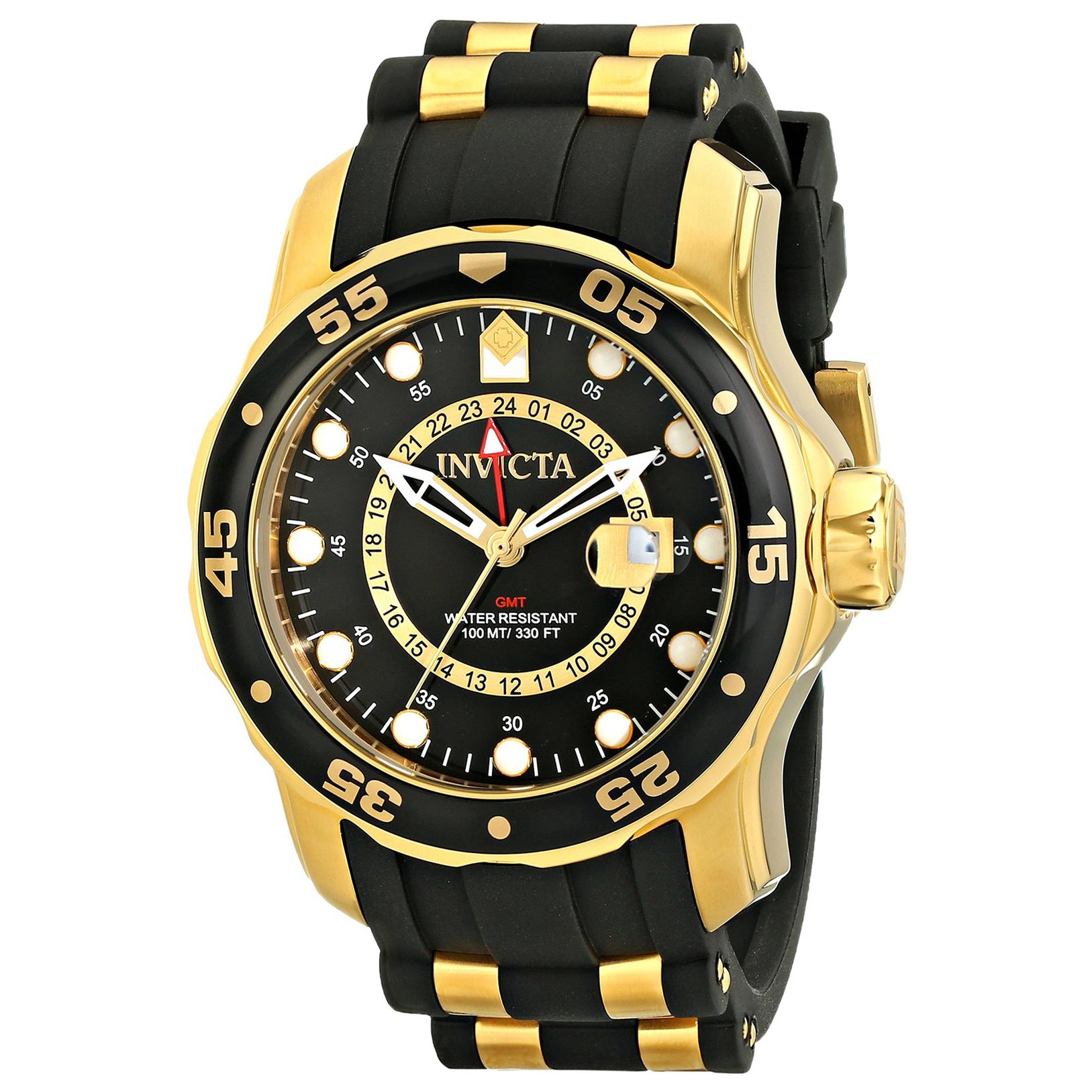 Invicta 6991 Men's Pro Diver Gold Tone GMT Black Polyurethane Rubber