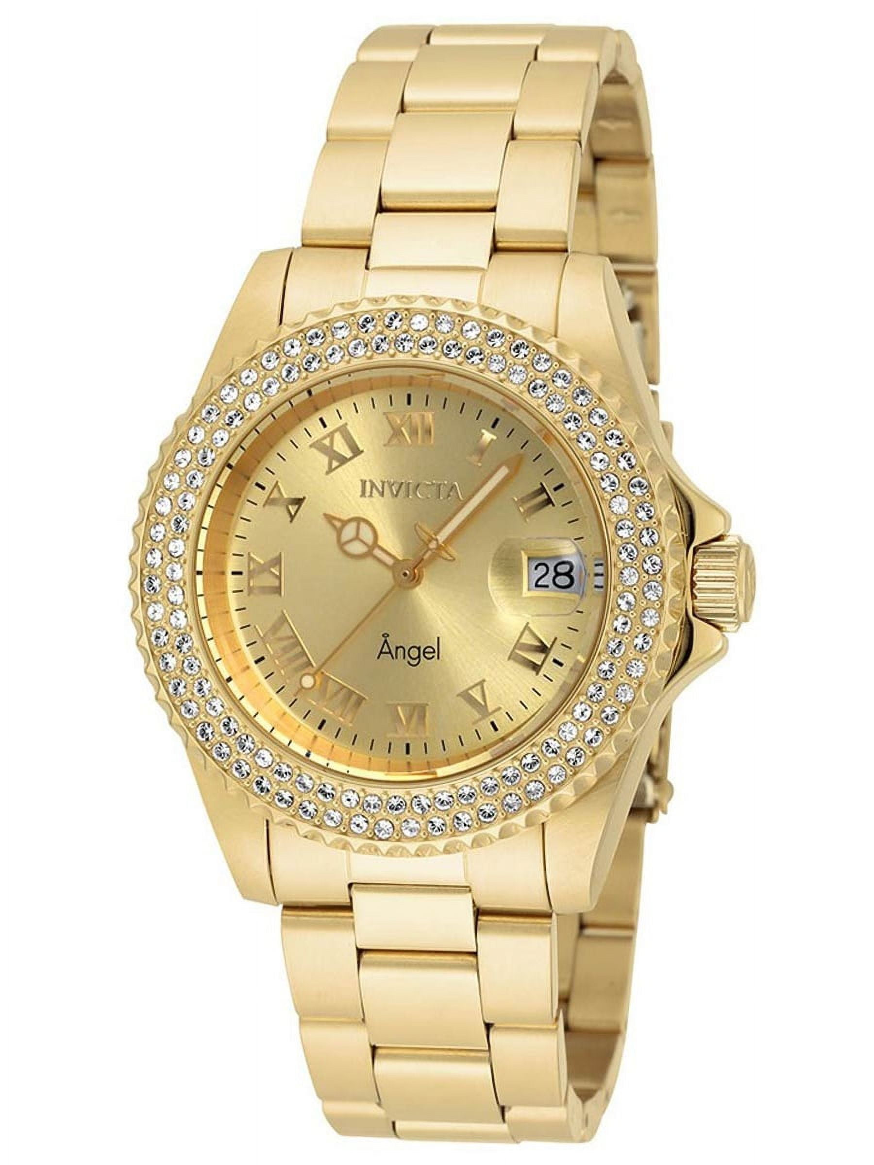 Invicta Women's 19513 Angel Crystal Accented Bezel Gold Dial Yellow Gold Steel Bracelet Dive Watch