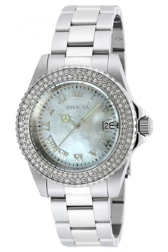 Women's 19873 Angel Crystal Accented Bezel White MOP Dial Steel Bracelet Dive Watch