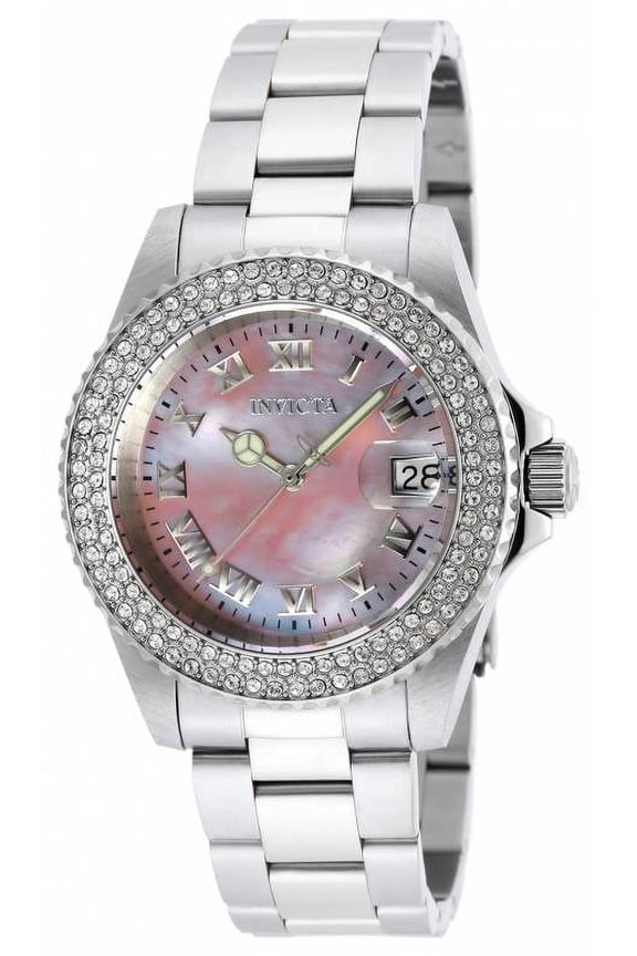 Invicta Women's 19874 Angel Crystal Accented Bezel Pink MOP Dial Steel Bracelet Dive Watch