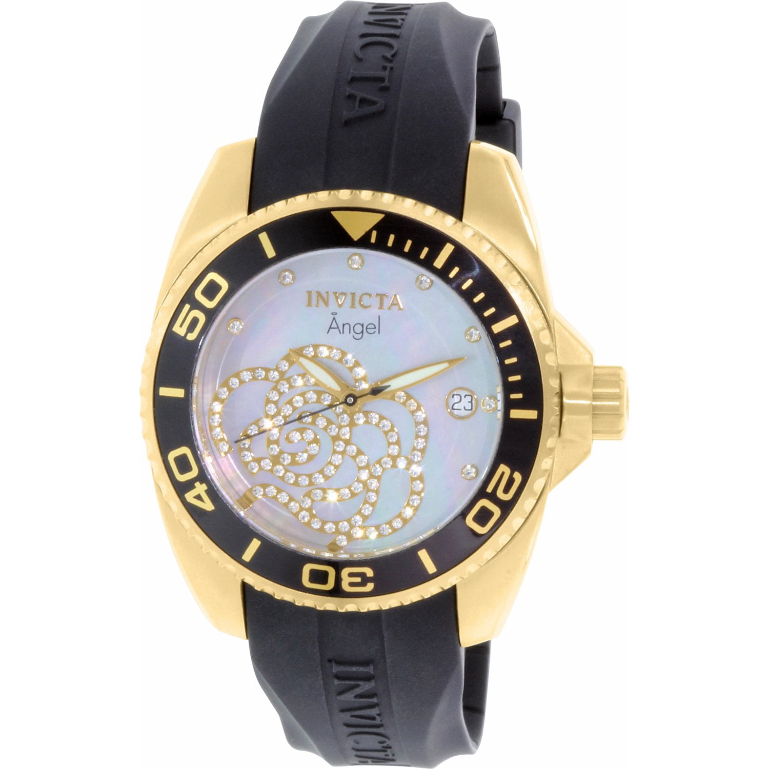 Invicta Angel rose Gold-Tone Watch with Black Silicone Strap Invicta Angel Crystal Gold Dial Black Silicone Ladies Watch  main image 3