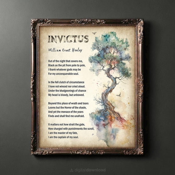Invictus Poem Print Poetry Wall Art William Ernest Henley Inspirational Quotes Motivational Library Decor