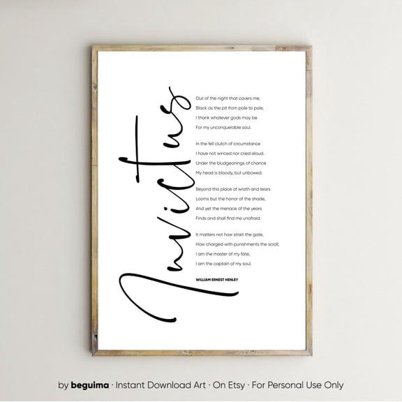 Invictus Poem William Ernest Henley Inspirational Literature Poster, Unframed Poster