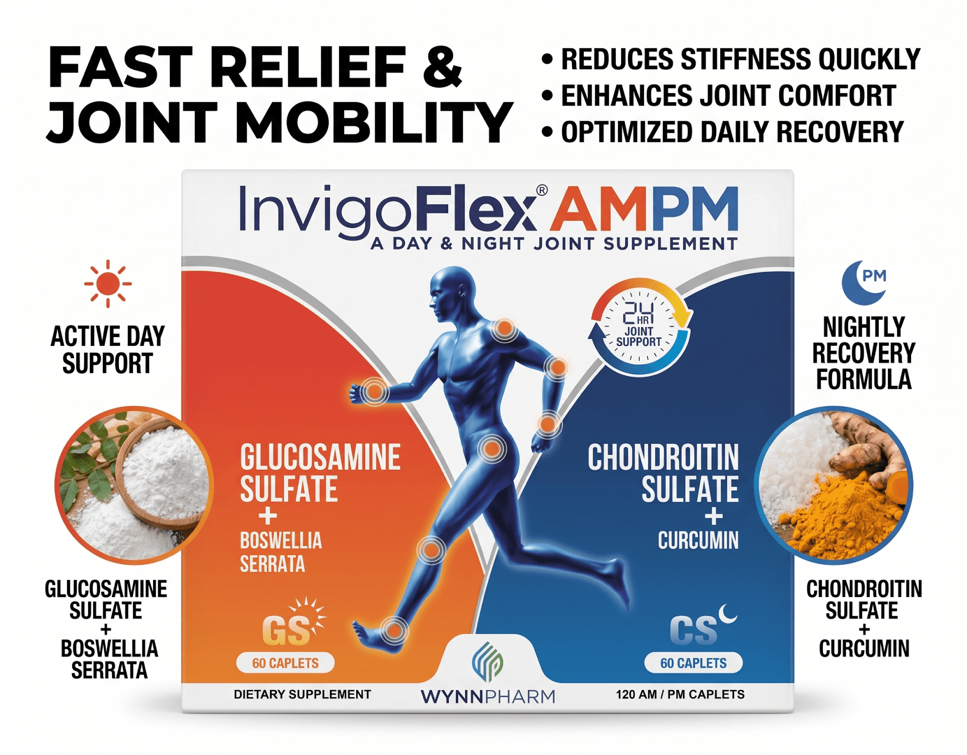 InvigoFlex AM PM Joint Support, Glucosamine Chondroitin with Turmeric, Day & Night Formula, 120 Caplets