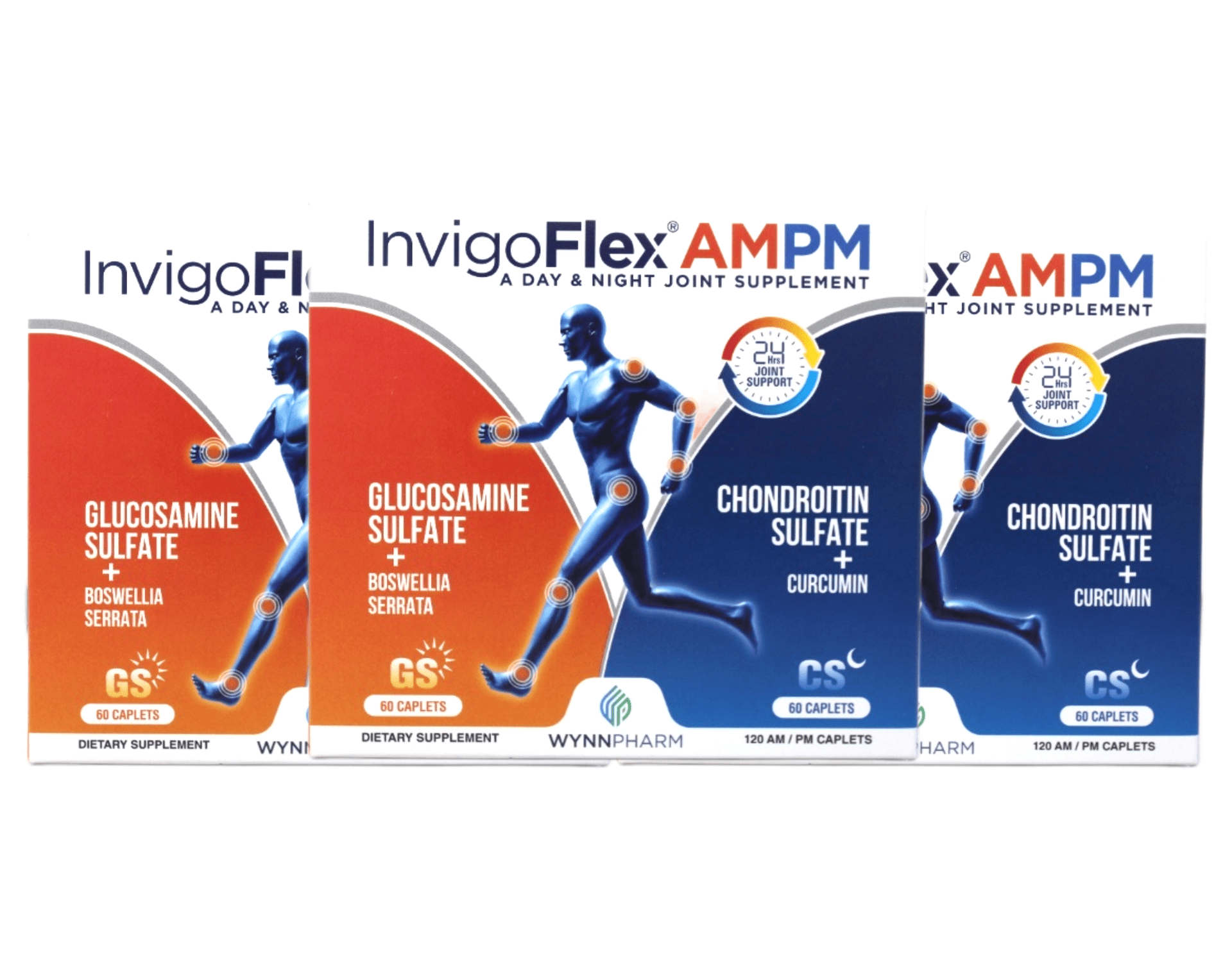 InvigoFlex AM PM Joint Support, Glucosamine Chondroitin with Turmeric, Day & Night Formula, 120 Caplets 3 Pack
