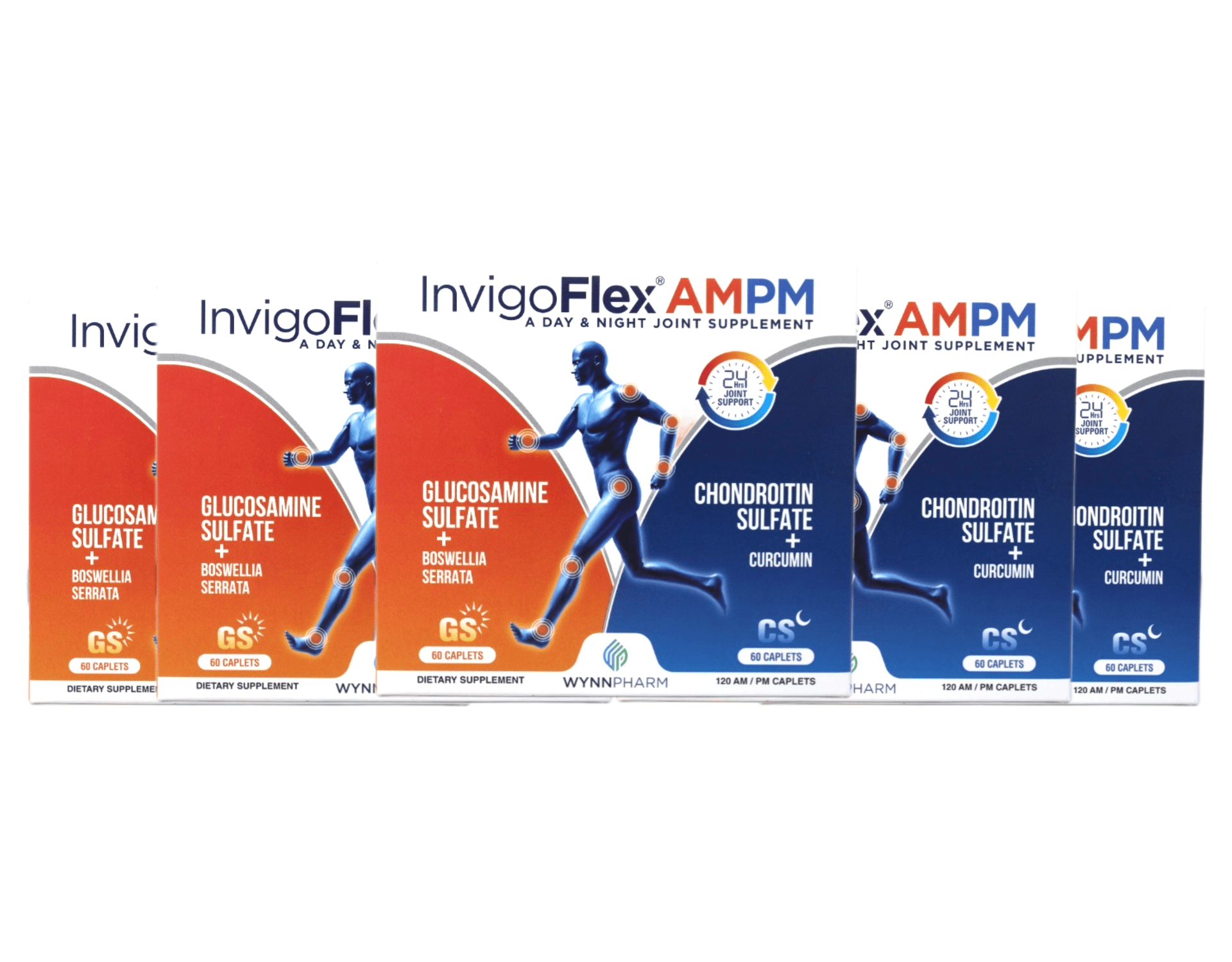 InvigoFlex AM PM Joint Support, Glucosamine Chondroitin with Turmeric, Day & Night Formula, 120 Caplets 5 Pack