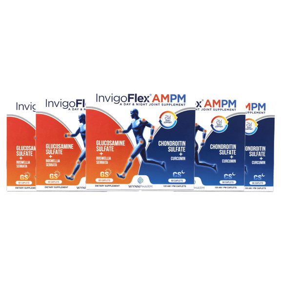 InvigoFlex AM PM Joint Support, Glucosamine Chondroitin with Turmeric, Day & Night Formula, 120 Caplets 5 Pack
