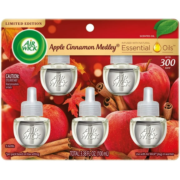 Invigorate Your Space with Air Wick Plug In Scented Oil Refill - Apple Cinnamon Medley: 5Ct Pack of Refreshing Air Freshener Infused with Essential Oils