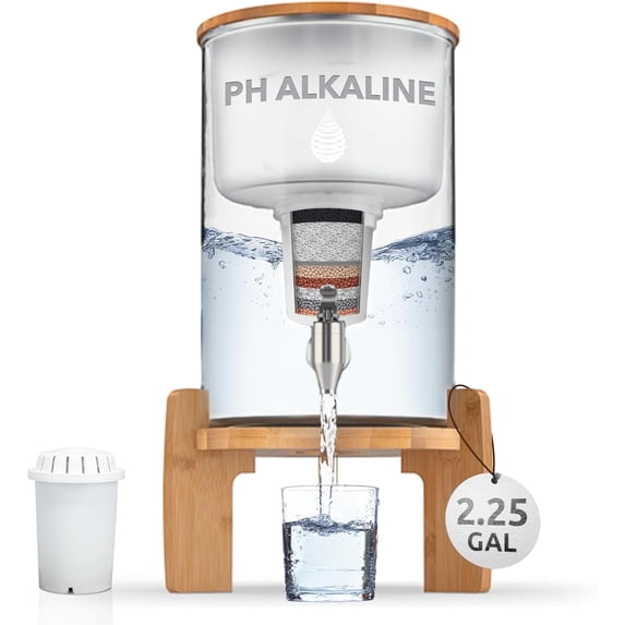 Invigorated Water pH Recharge Glass Alkaline Water Filter Dispenser, 2.25 Gallon, 1 Filter