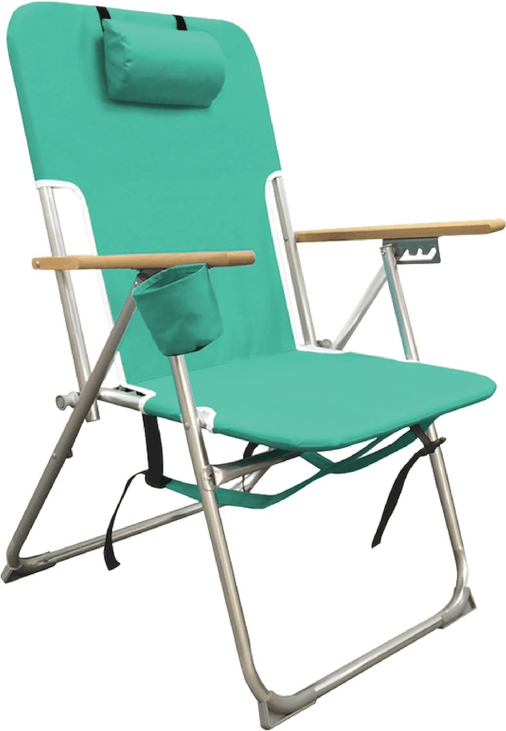 Folding Beach Chair With Headrest - 4 Position Reclining, Backpack Straps, Cup Holder, Wood Armrests