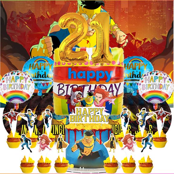 Invincible 21th Tableware Balloons Cake Toppers Backdrop Banner Supplies Party Decor Plates Decorations