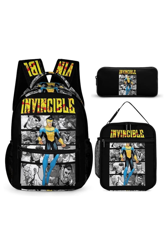 Invincible 3 Pcs Backpacks Set with Thermal Insulated Lunch Bag Pencil Case, Outdoor Casual Rucksack Lightweight Travel BookBag for Graduation Gifts