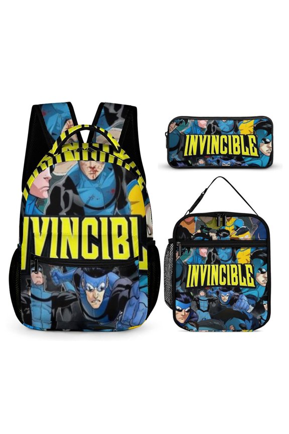 Invincible 3 Pcs Backpacks Set with Thermal Insulated Lunch Bag Pencil Case, Outdoor Casual Rucksack Lightweight Travel BookBag for Graduation Gifts