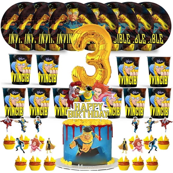 Invincible Birthday 3rd Cups Party Supplies Plates Fans Decorations Cake Topper Decor