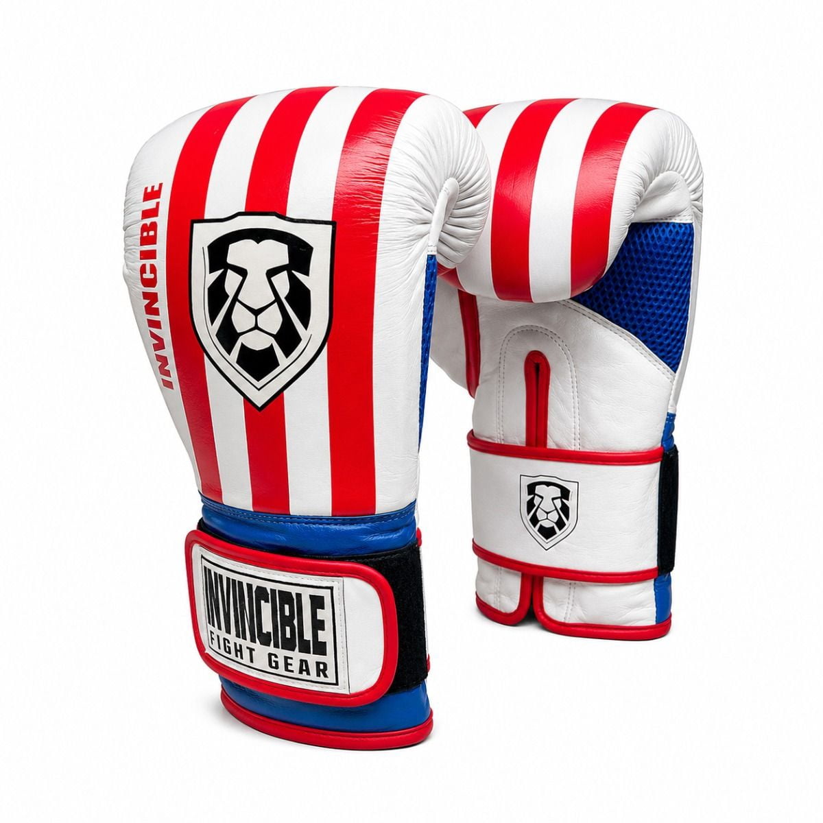 Invincible Fight Gear Hook and Loop Leather Training Boxing Gloves with USA Flag Colors - Ideal for Boxing, Kickboxing, Muay Thai, MMA for Men Women and Kids