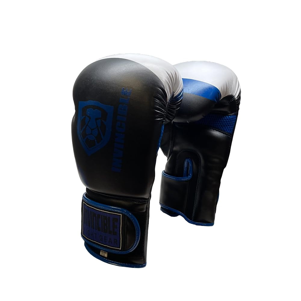 Invincible Fight Gear Standard Toughtek Hook and Loop Training Boxing Gloves in Black/Blue - Ideal for Boxing, Kickboxing, Muay Thai, MMA for Men Women and Kids 12oz