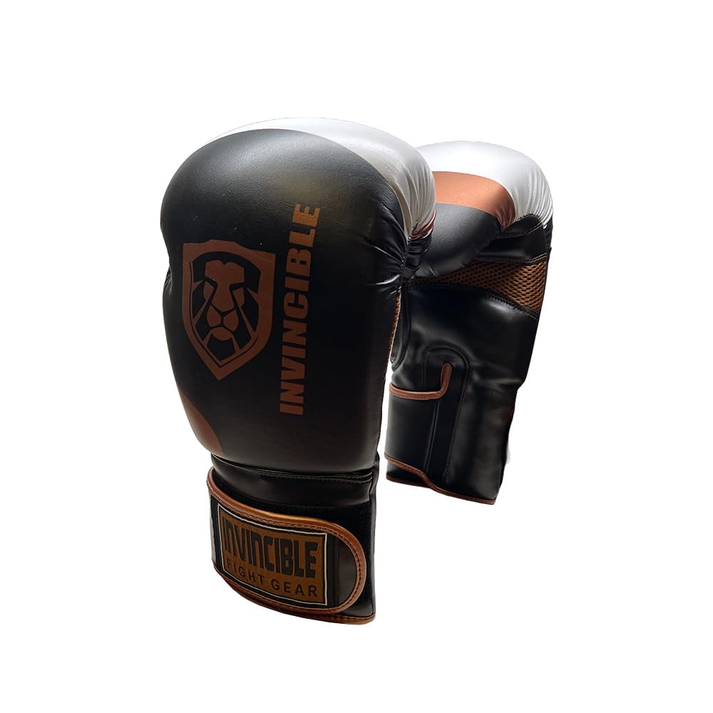 Invincible Fight Gear Standard Toughtek Hook and Loop Training Boxing Gloves in Black/Brown - Ideal for Boxing, Kickboxing, Muay Thai, MMA for Men Women and Kids 12oz