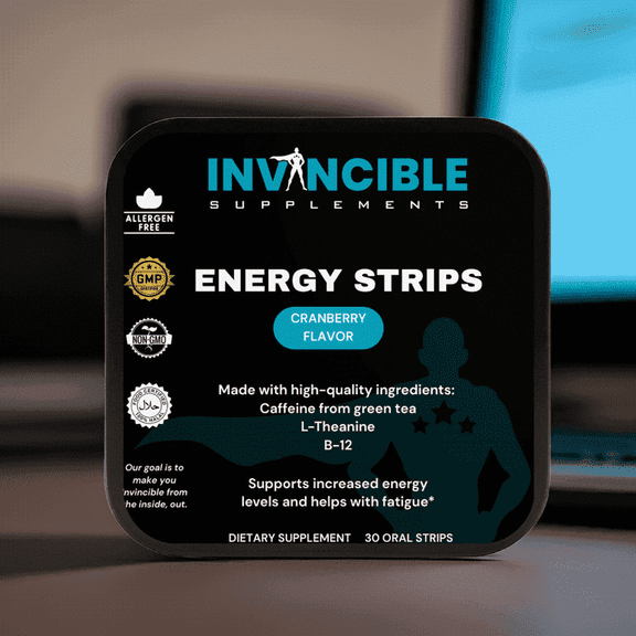 Invincible Supplements Energy Strips with Green Tea Caffeine & L-Theanine Energy, Mental Clarity, Vitamin B12, Rapid-Dissolve, Non-GMO