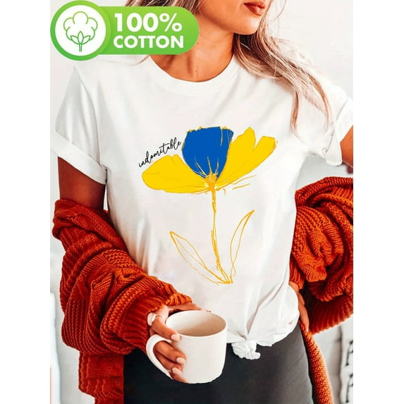 Invincible Ukrainian Spirit Print Women's Short Sleeve Crew Neck T-Shirt - Vibrant Yellow Flower Design, 100% Cotton, Casual Summer & Spring Top, Machine Washable