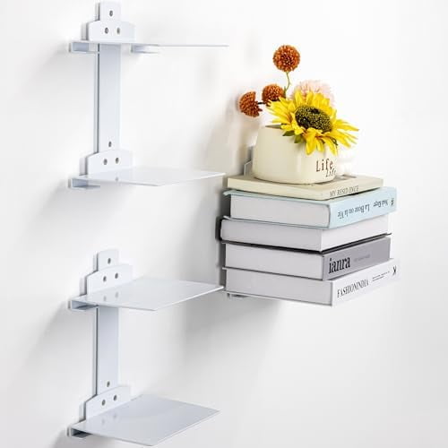 Invisible Book Shelf Floating, 6-Tier White Floating Shelves for Wall, Heavy Duty Metal Book Organizer Holders Vertical Hanging Space-Saving for Bedroom Office Room$$Home Decor, Kitchen, & Other