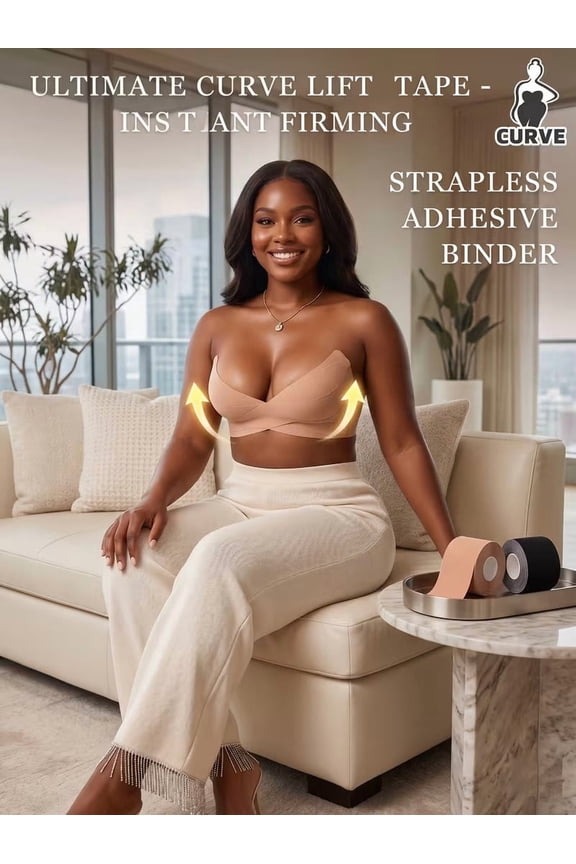 Invisible Breast Lift Tape for Large Breasts - 2 Pack Strapless Adhesive Bra - Waterproof & Sweatproof Push Up Body Tape for Backless Dresses - Black & Beige, 2.95in x 98.4in
