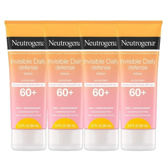 Invisible Daily Sunscreen Lotion SPF 60 - Water Resistant Sun Block Lotion Oxybenzone Free Sunscreen for Face | Moisturizing & Quick Drying Skin Sun Protection| Travel Size, 3 OZ Per Pack, Pack of 4