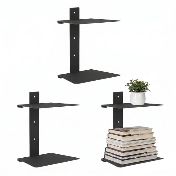 Invisible Floating Bookshelf, Metal Wall Mounted Hidden Book Shelf, 2-Tier Wall Shelf with 15 lb Capacity per Shelf, Set of 3, Black